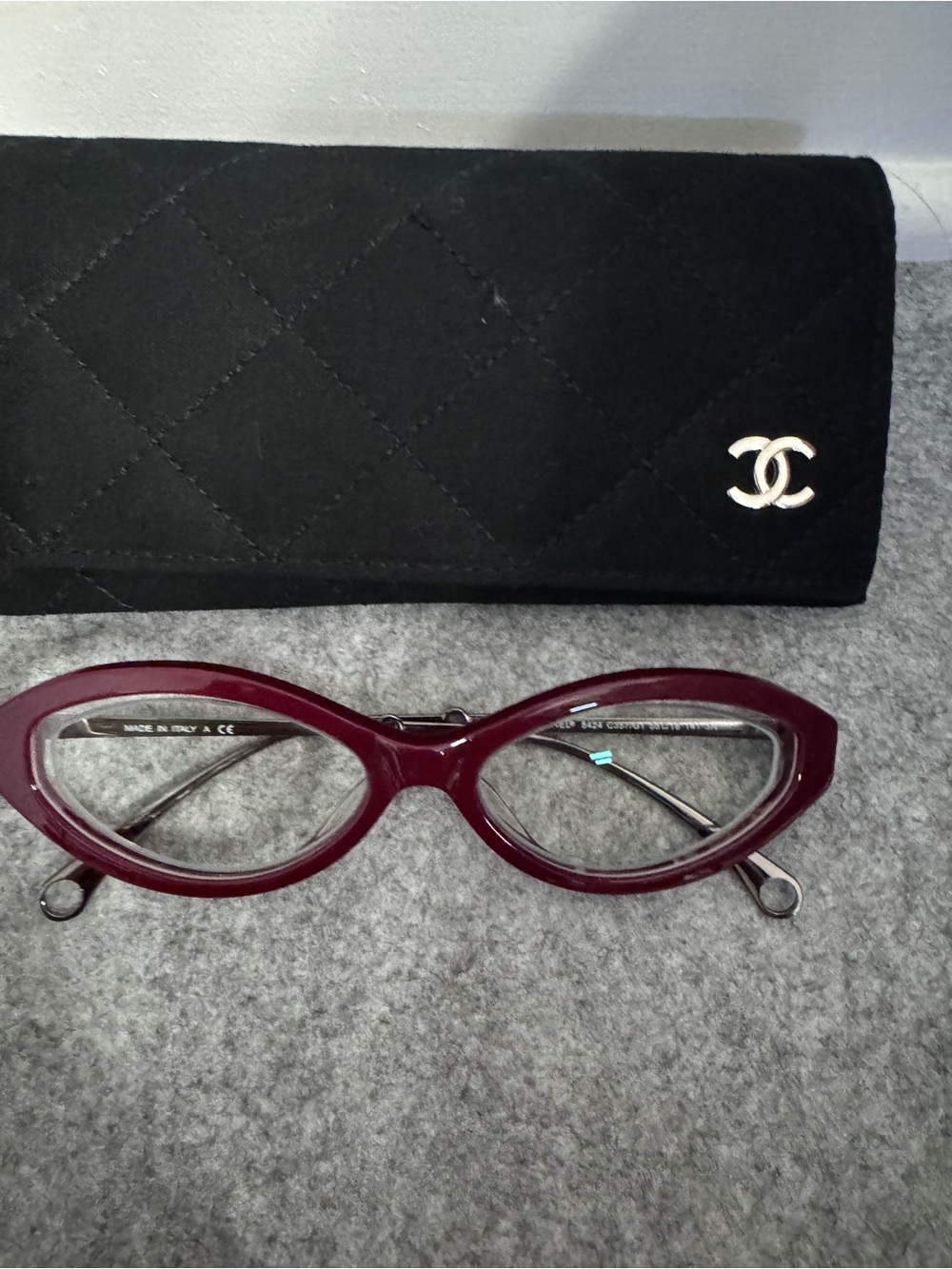 Vintage Chanel Burgundy Cat-Eye Glasses with Quilted Black Case